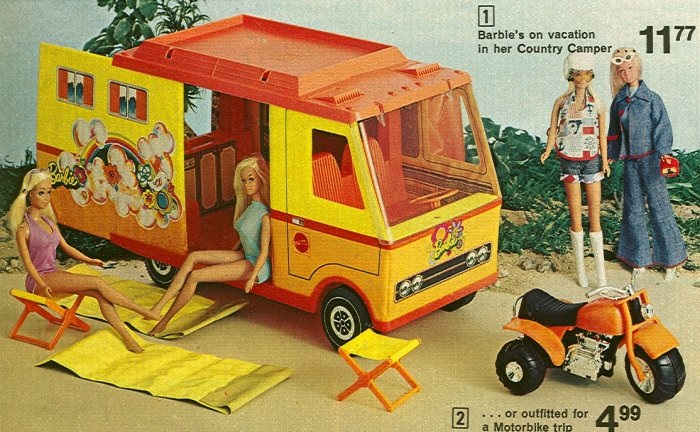 Barbie and friends chill outside her yellow 1970s Country Camper and orange motorbike